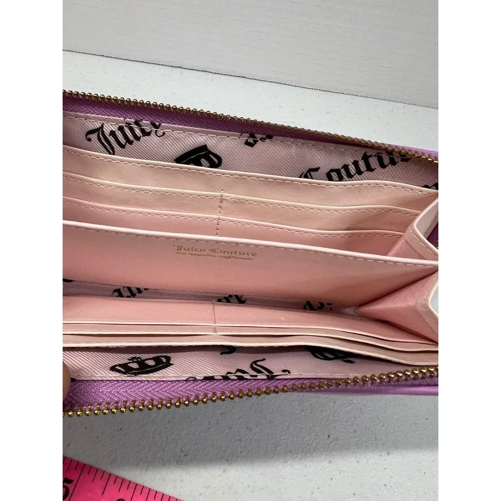 Juicy Couture Purple Quilted Velour Bow Zip Around Wallet Gold Heart Charm 8x4in